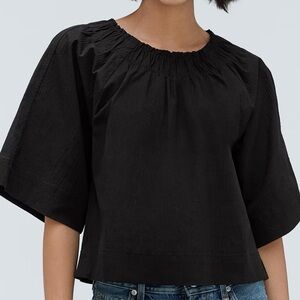 Textured Crew Neck Wide Sleeve Cinched Blouse
